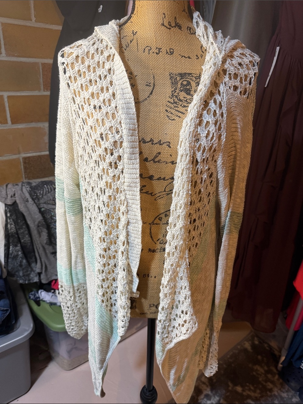 Open Front Crochet Knit Cardigan Sweater - Cream with Mint Stripes Maurices 3x